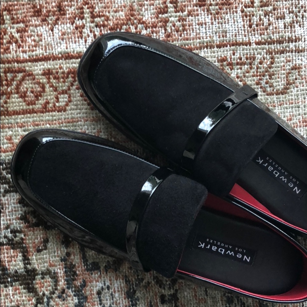 NewbarK Melanie suede-paneled patent-leather